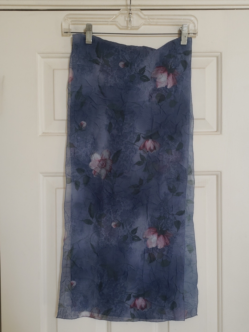 Blue Watercolor Floral Crinkle Chiffon Scarf Sheer Romantic Wrap 58x13 - Picture 5 of 10